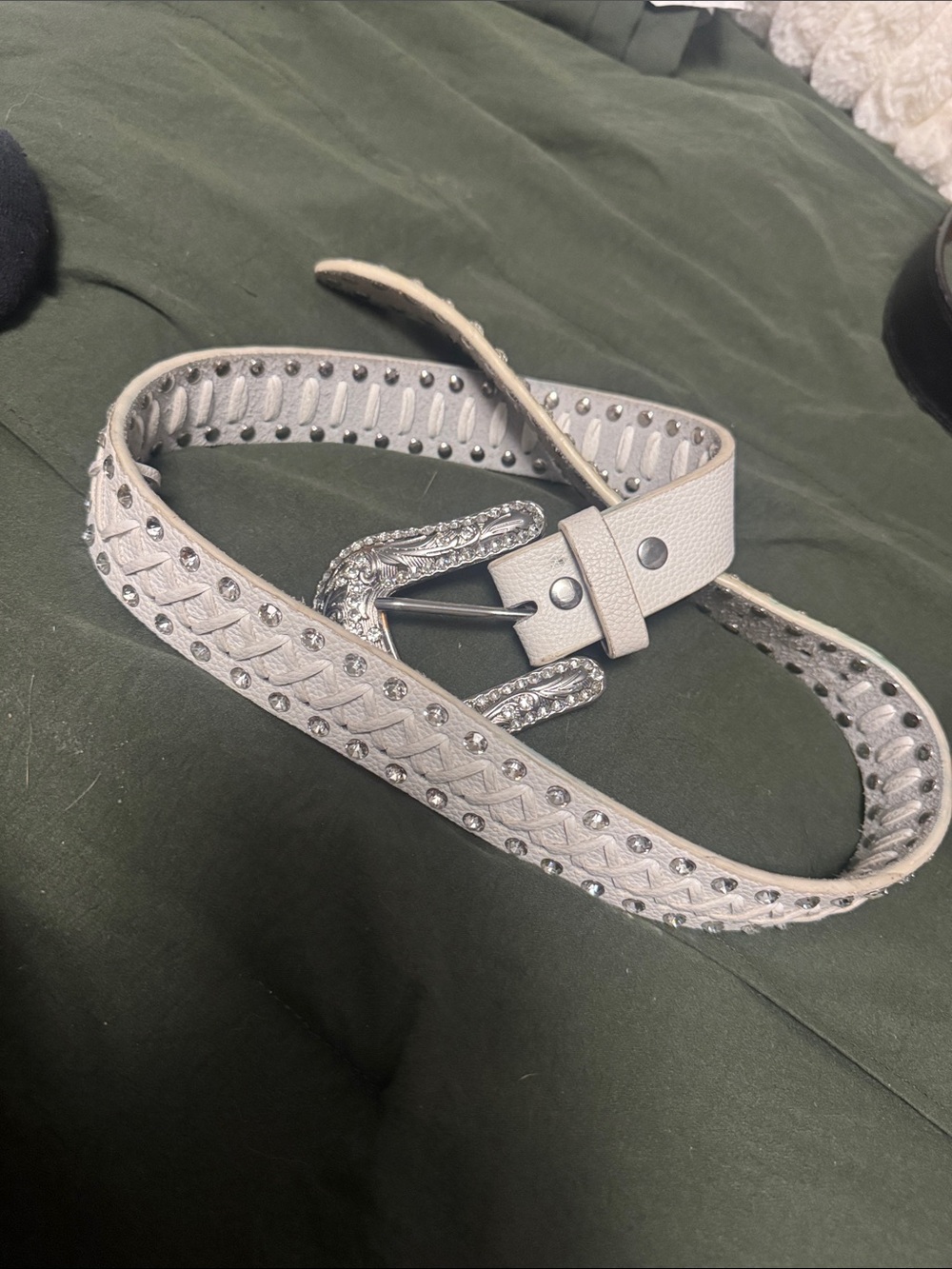 Women's White Studded Leather Belt with Decorative Silver Buckle
